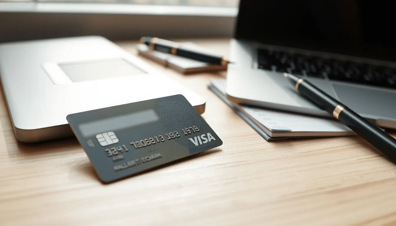 Carte bancaire posée sur le bureau en bois près d'un ordinateur portable fermé, lumière douce