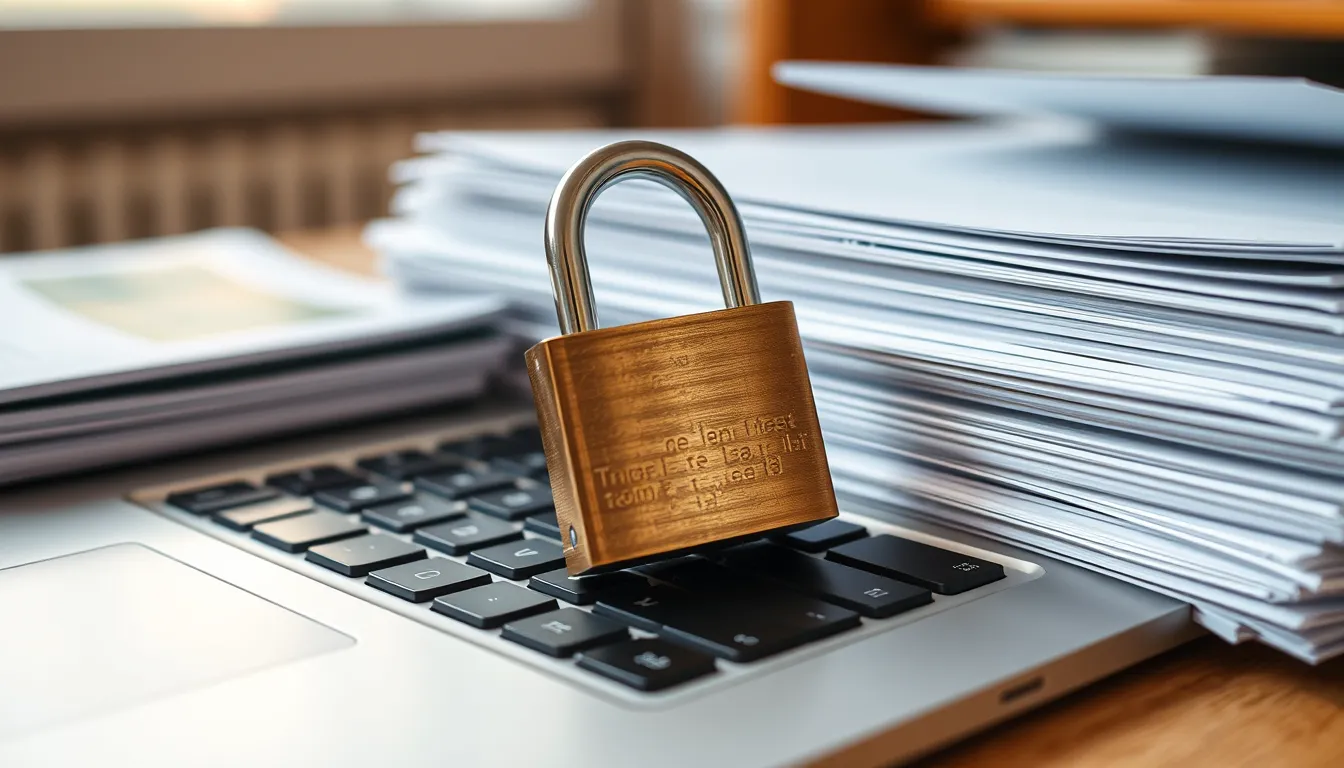 Cadenas fermé posé sur un clavier près de dossiers papier, sous une lumière douce