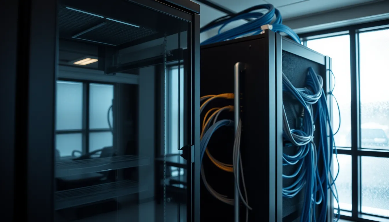 Armoire serveur vitrée, câbles réseau bleus et lumière douce d'une petite salle technique